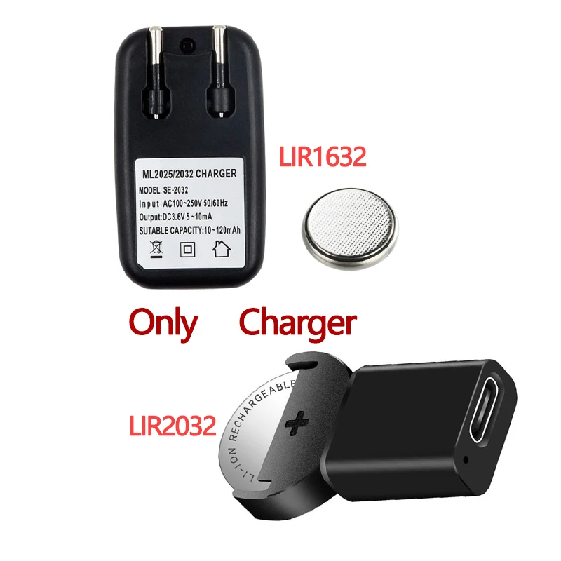 EU Plug CR2032 Battery Charger Adapter For LIR2032 LIR2025 ML2032 ML2025 CR2032 Button Cell Rechargeable Battery
