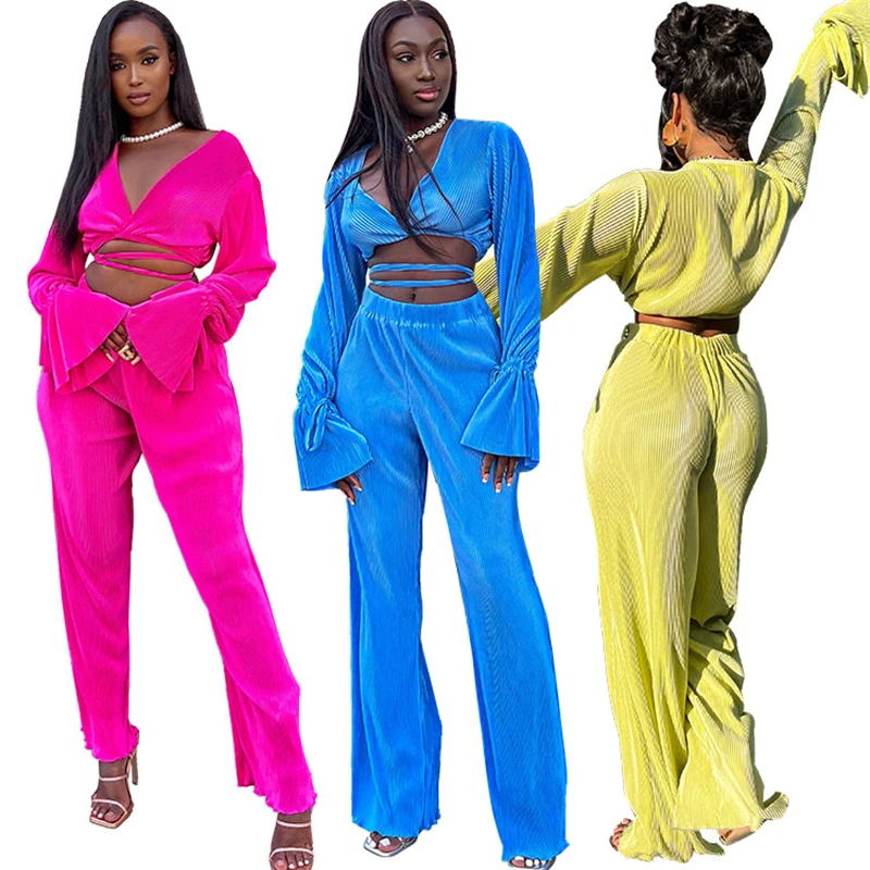 Wsevypo Women Pleated 2 Piece Pants Sets Spring Summer Streetwear Long  Sleeve Button Down Shirt+straight-leg Pants Loose Outfits - Pant Sets -  AliExpress