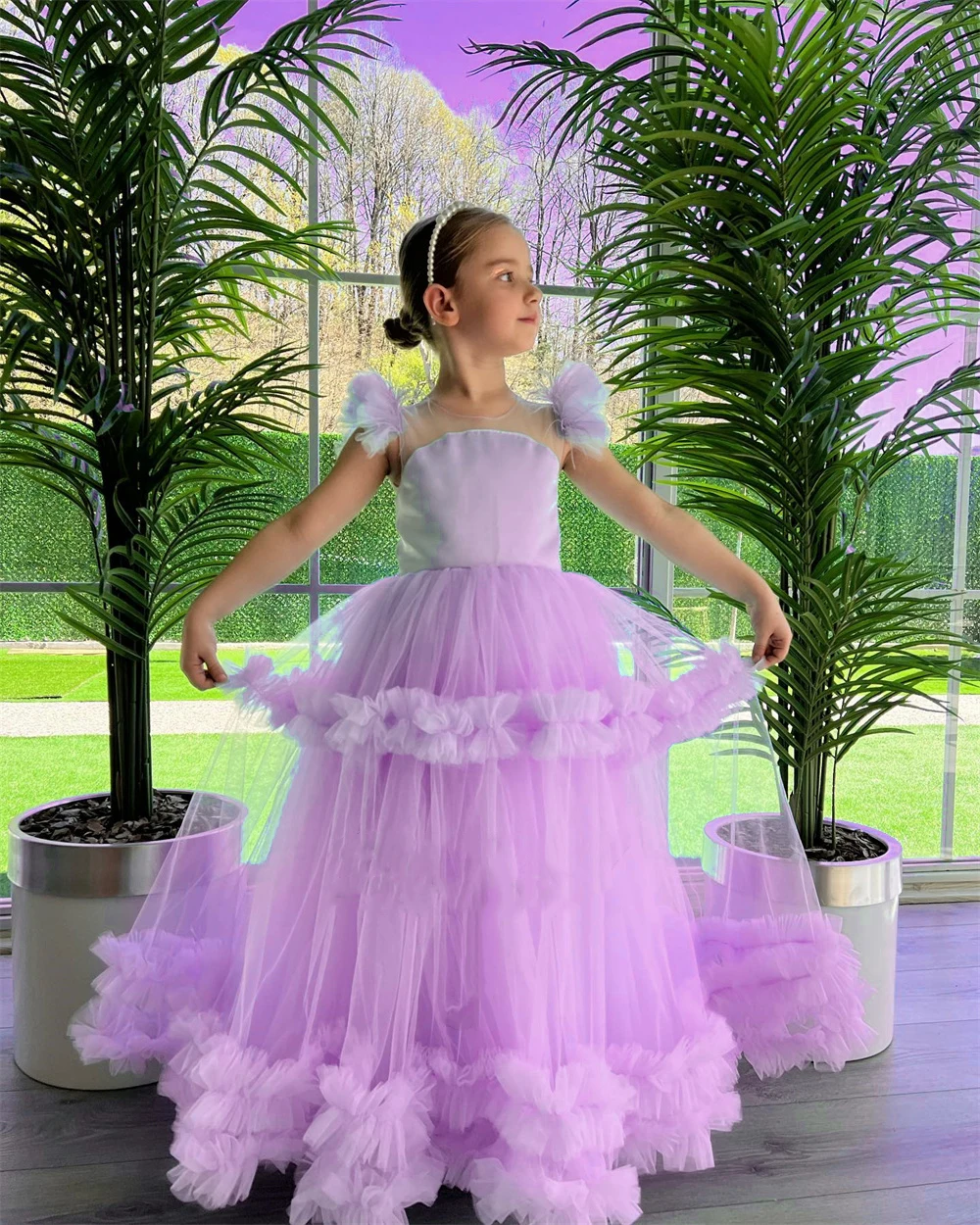 

Pink Purple Flower Girl Dress For Wedding Pleated Tulle Puffy Birthday Party Pageant Kids Princess First Communion Ball Gowns