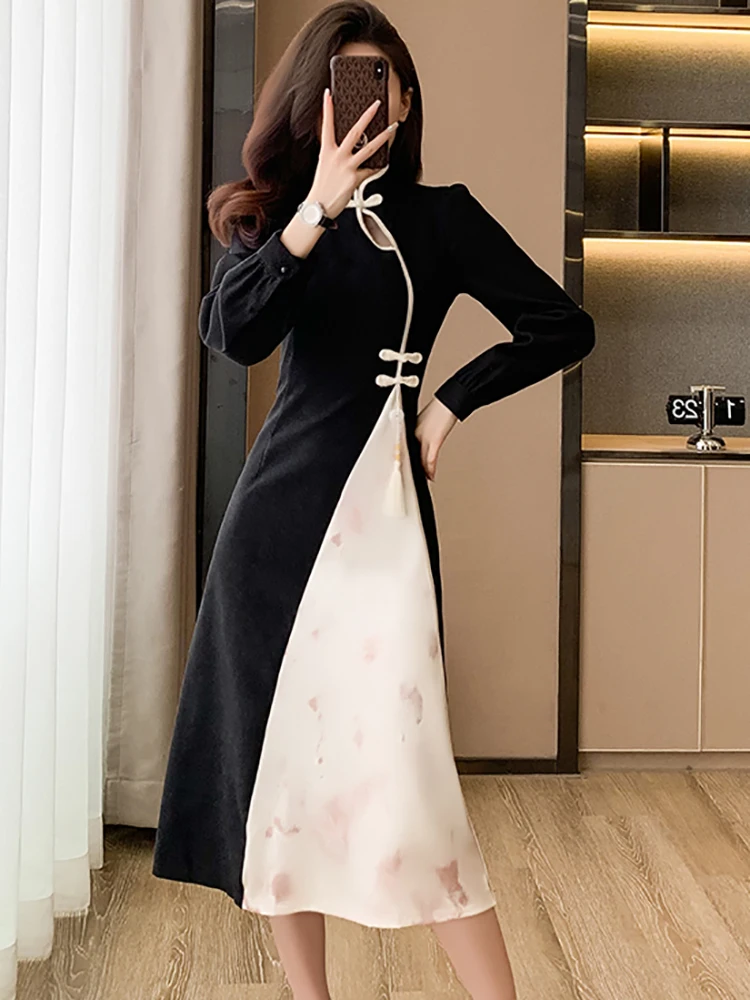 

Осенне-зимнее черное платье в стиле пэчворк с имитацией двух частей женское винтажное шикарное длинное платье с кисточками 2023 корейское элегантное вечернее платье