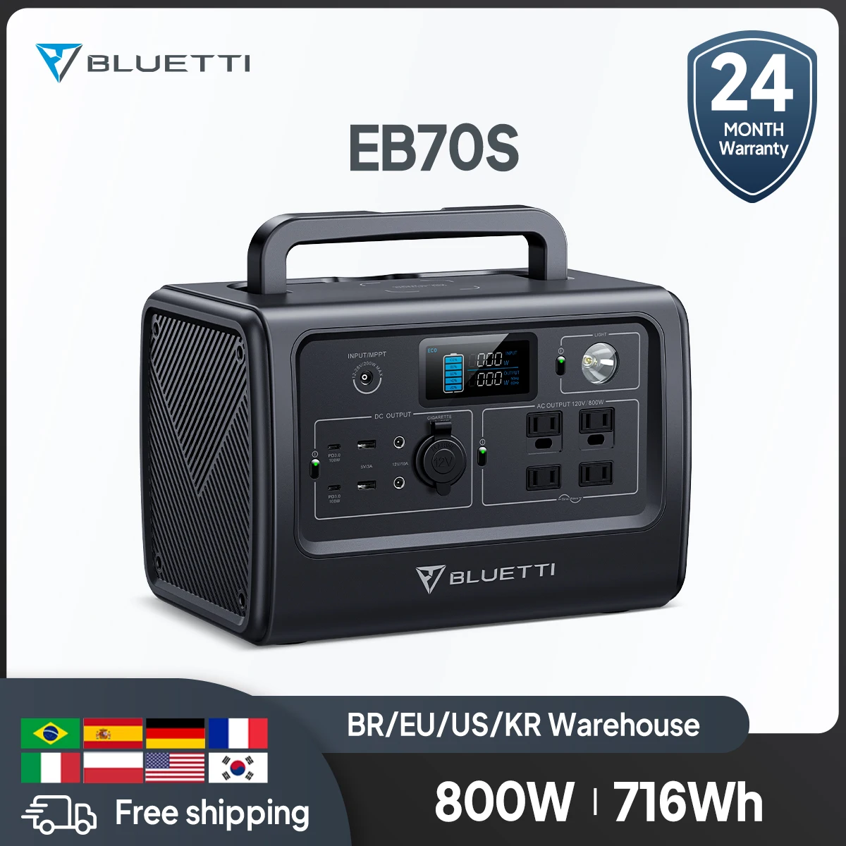 Bluetti Eb70 Eb70S 716Wh Generatore Portatile Della Centrale Elettrica 800W / 1000W Generatore Solare Campeggio Pesca Lifepo4 Batteria Di Backup