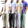 Men’s 2 Piece Cotton Outfit Summer Beach Short Sleeve Button Down Shirt and Pants Set Oversize Sportswear T-shirts Tracksuit