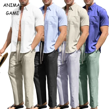 Men’s 2 Piece Cotton Outfit Summer Beach Short Sleeve Button Down Shirt and Pants Set Oversize Sportswear T-shirts Tracksuit