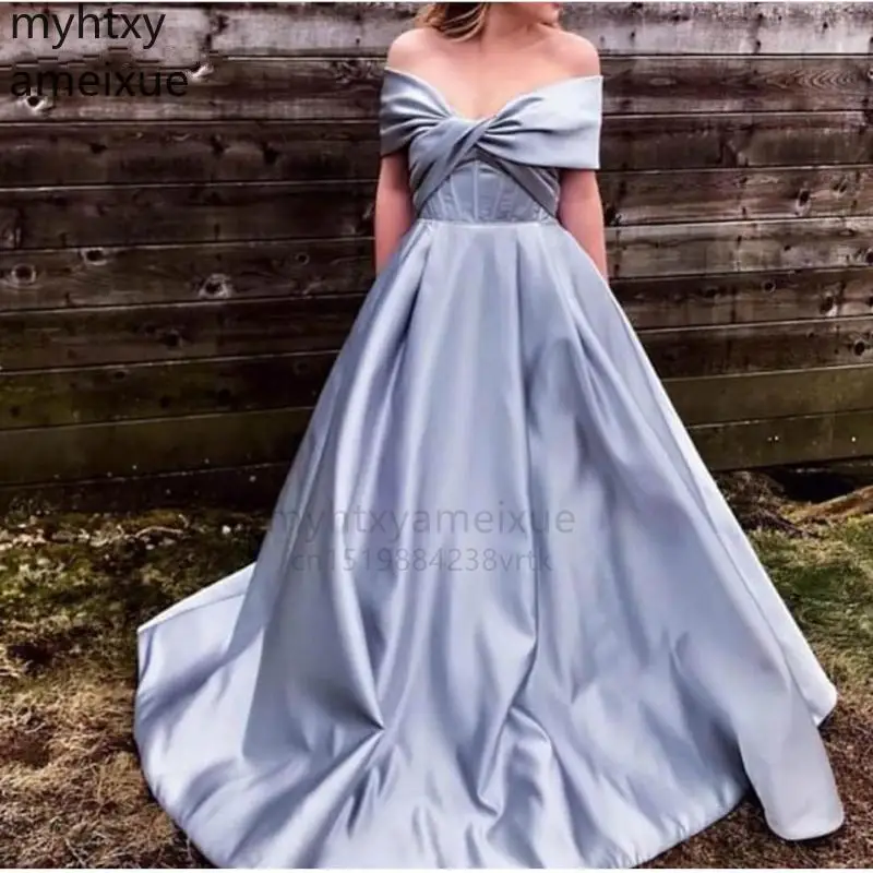 

Sexy Plus Size V Neck Simple Gray-blue Evening Dresses Off The Shoulder Gown Robe De Soiree Musulman Mal Dress Plus Size 2023