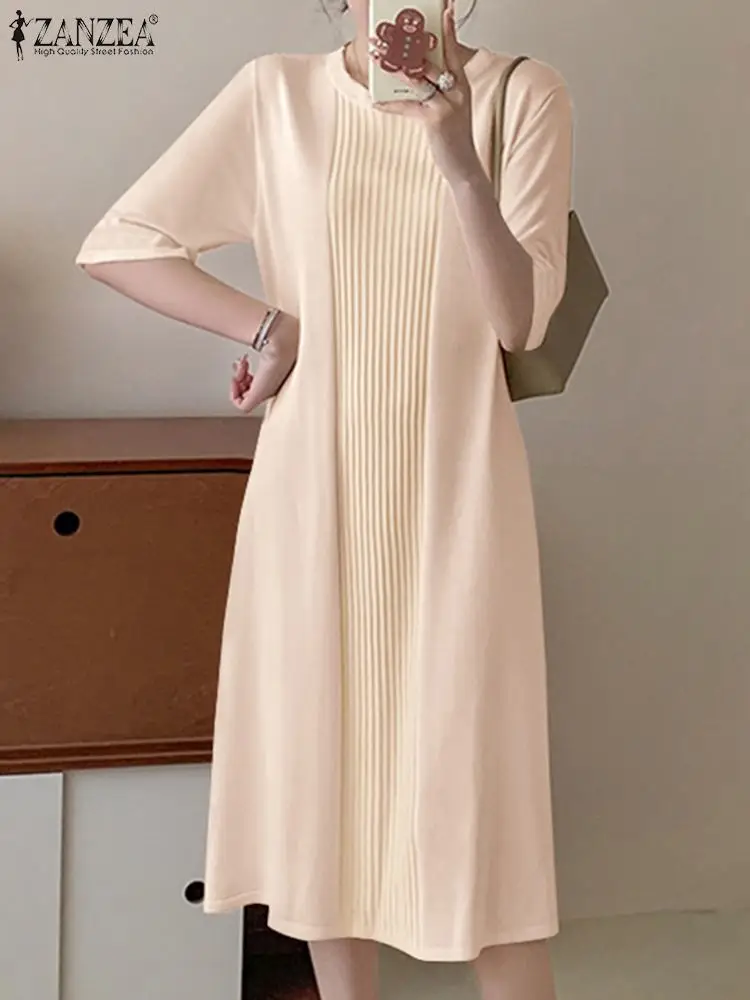 

ZANZEA Women Midi Dress Casual Loose Solid Color Vestidos 2024 Summer Elegant Office Half Sleeve Pleated Long Shirt Sundress