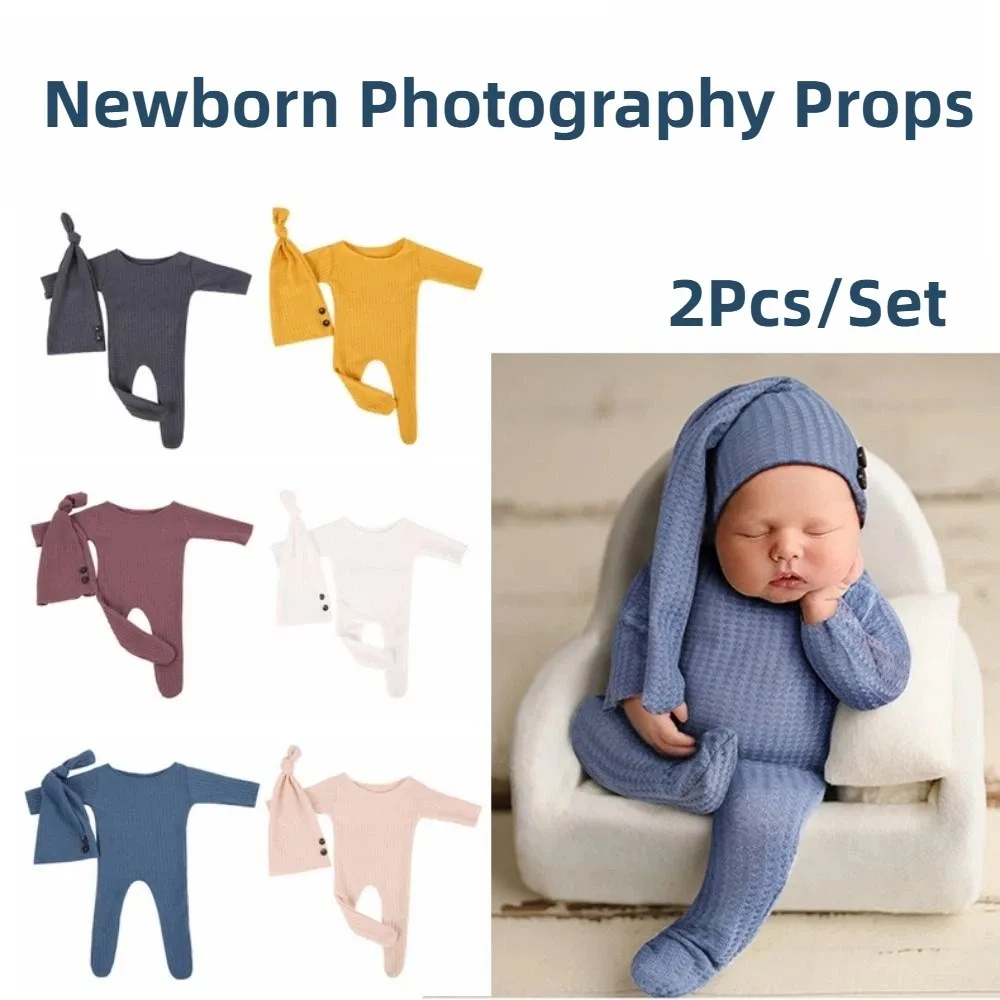2Pcs/Set Creative Newborn Photography Props Footed Buttons Newborn Photoshoot Outfit Solid Color Crochet Knit Baby Bodysuit