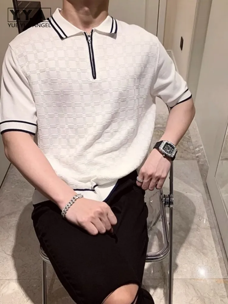 

Office Men Business Casual Lapel Knitted T-Shirt Slim Fit New Summer Short Sleeve Fashion Tees Top Pullover Mens Plaid T-Shirts