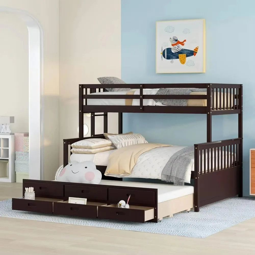 Twin Over Full Bunk Bed with Twin Size Trundle and 3 Storage Drawers, Solid Wood Bunk Bed Frame with Ladder, Children Beds 6
