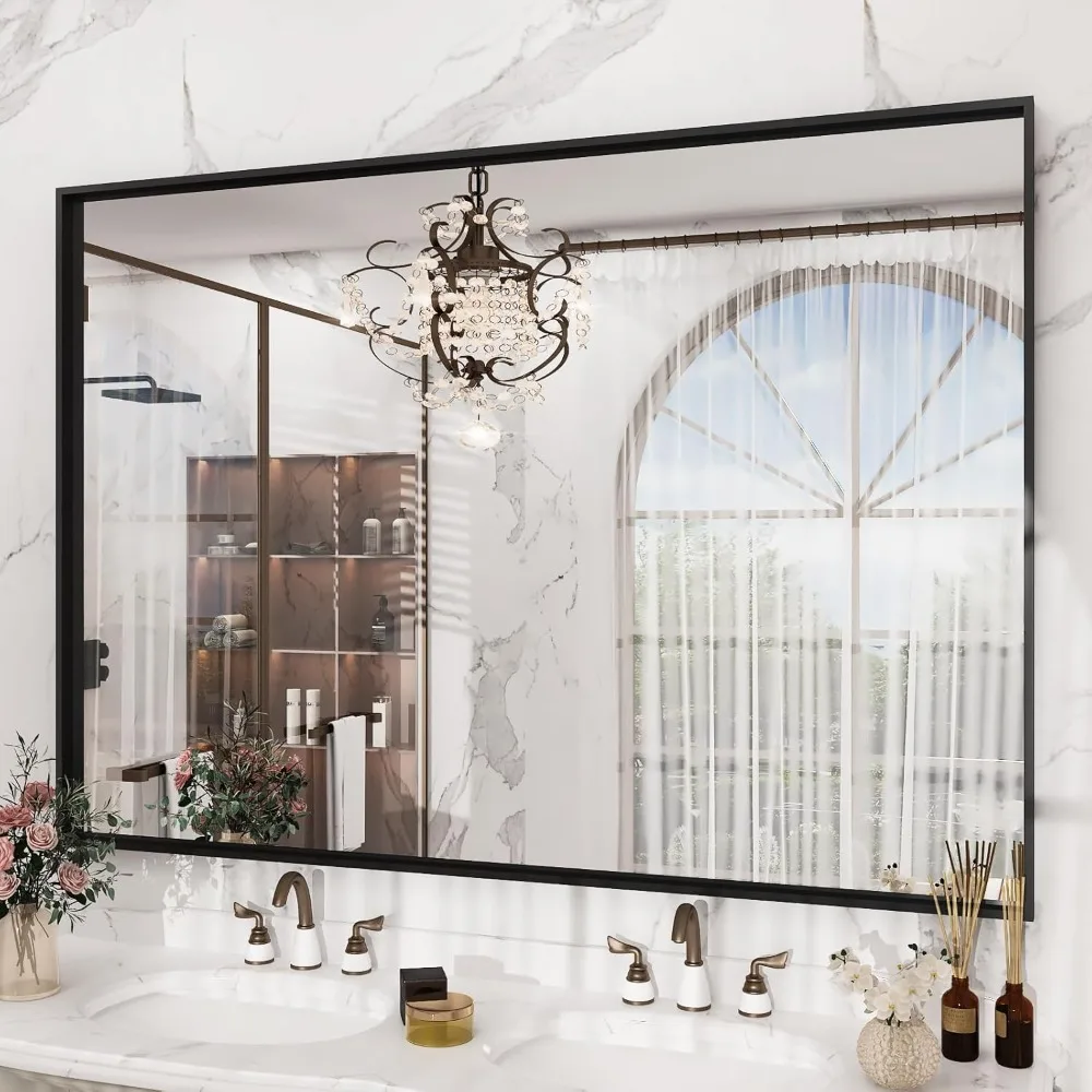48x36 Inch Black Bathroom Mirror, Metal Framed Vanity Mirror for Wall, Anti-Rust Decorative Rectangle Mirror, Shatter-Proof Home