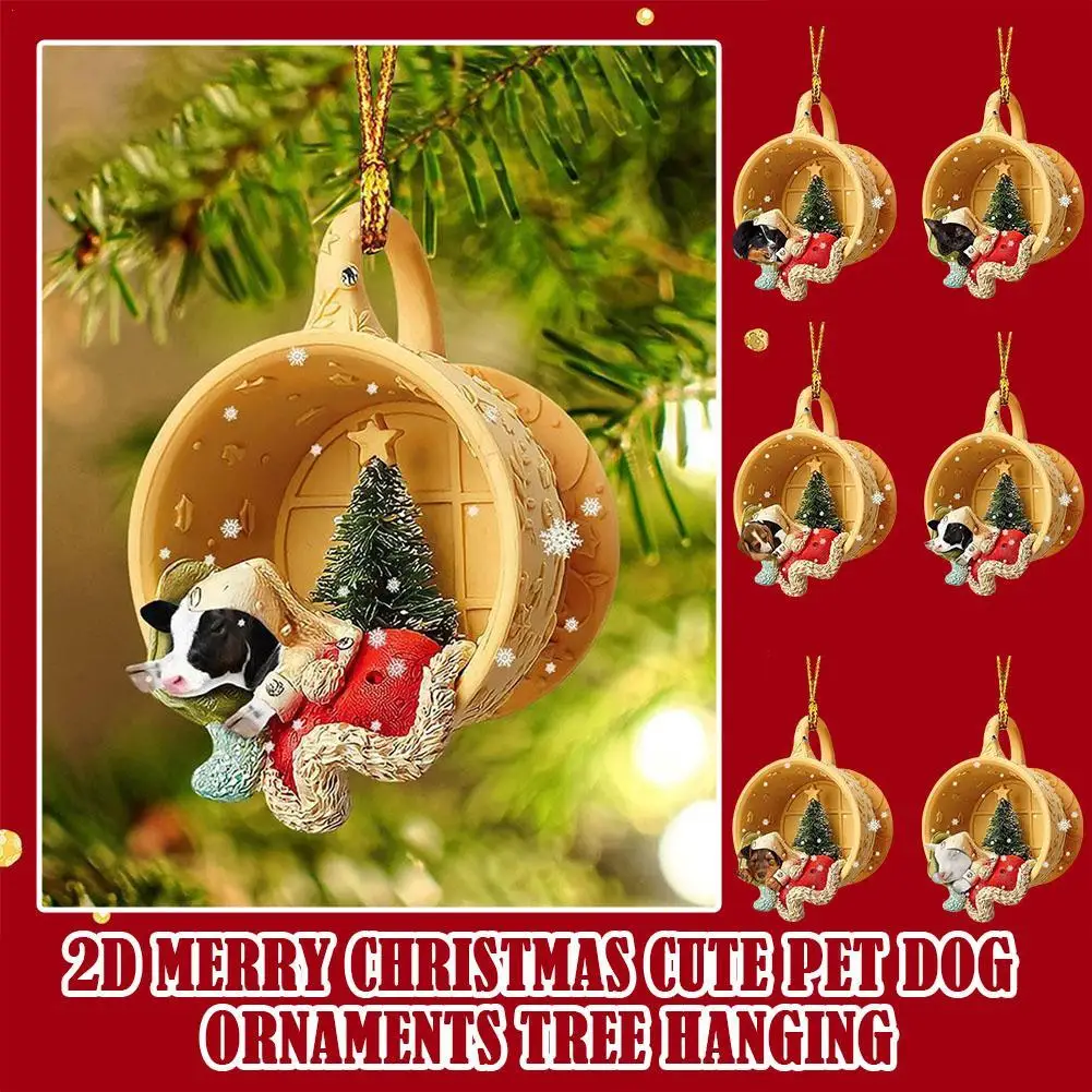 

2D Merry Christmas Cute Pet Dog Ornaments Tree Car Rearview Mirror Backpack Hanging Pendant Christmas Gifts Home Decoration