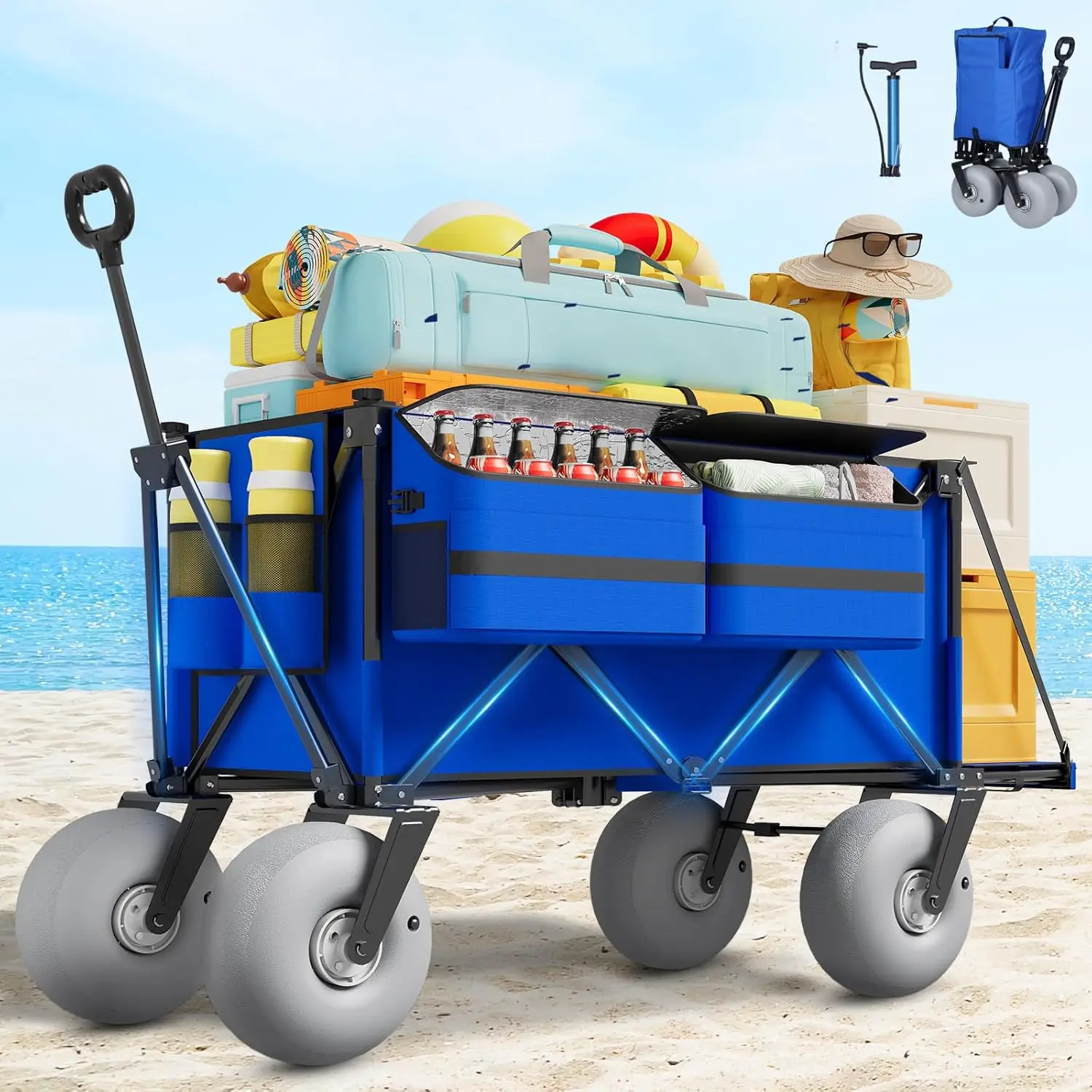Beach Wagon with Big Wheels for Sand - 450lbs Load Heavy Duty Wagons Carts Foldable with 9" All Terrain Inflatable Tires