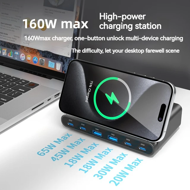 Support de chargeur sans fil multiple, station de charge pour ordinateur portable, iPhone 15 14 Pro Max, Samsung Carregador, PD, USB Type C, QC3.0, 160W, 65W 3