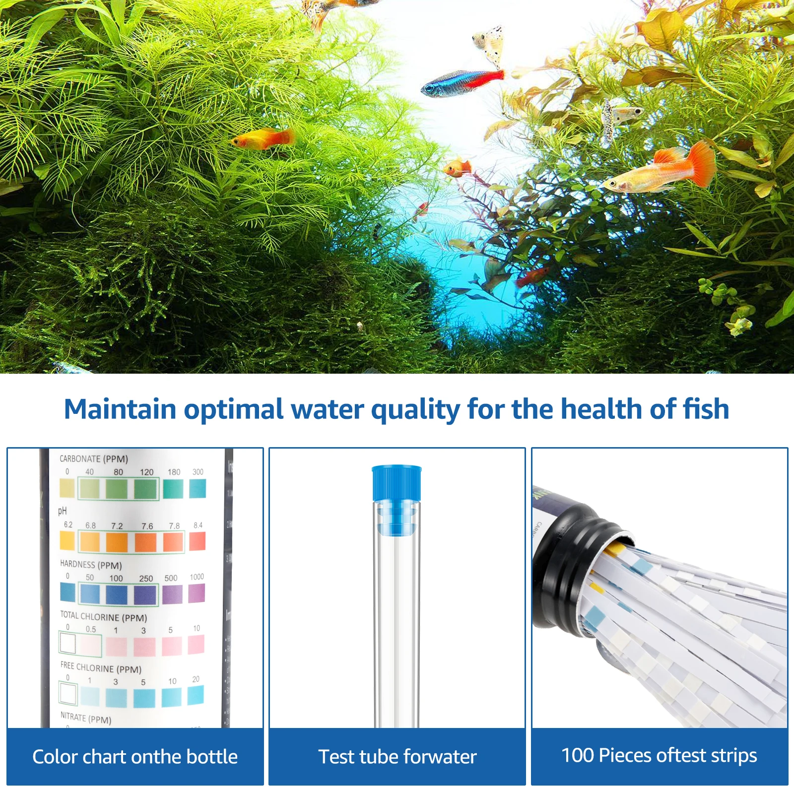 Aquarium Test Strips Aquarium Water Quality Testing Agent 100Pcs 9-IN-1 7-IN-1 Aquarium Test Strips Fast Accurate Fish Tank Test Kit Water Quality Monitor pH Strips with Tube