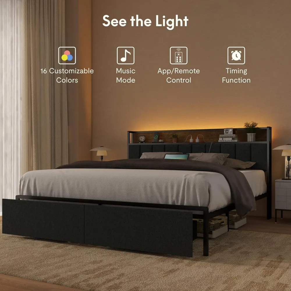 Bed Frame with Storage Headboard, Built-in Charging Station & LED Lights – Sturdy Platform Bed with Drawers 4