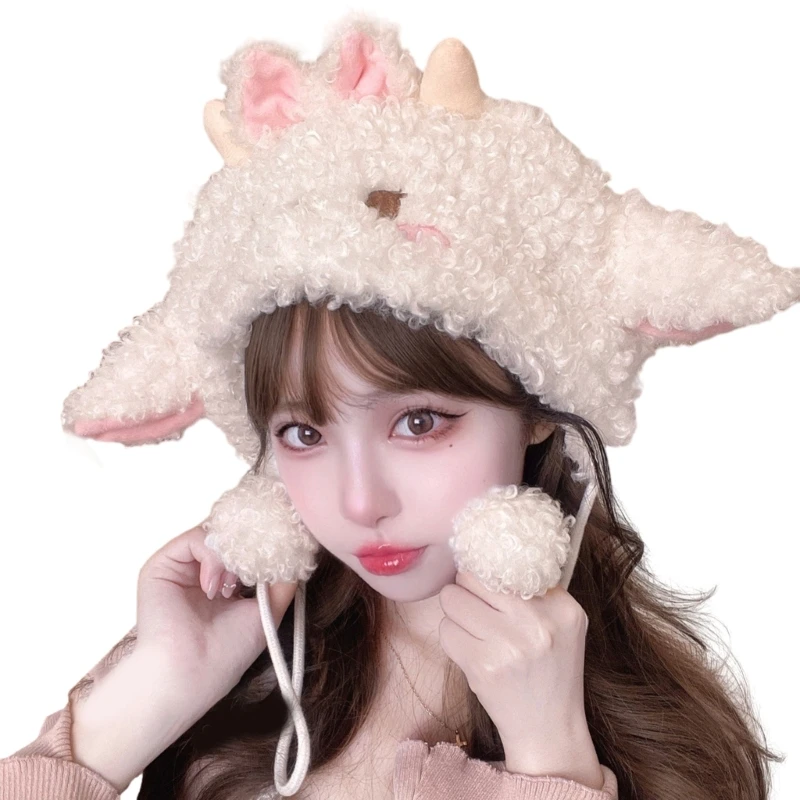 

Cartoon Furry Lamb Hat with Pompom Strap Women Cute Sheep Ears Winter Warm Beanie Cap Y2K Girl Stage Show Party Cosplay Headgear