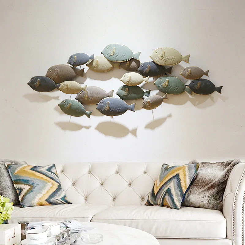 

European Three-dimensional Wrought Iron Wall Decoration Living Room Bedroom Living Room Background Hanging Pendant Fish School
