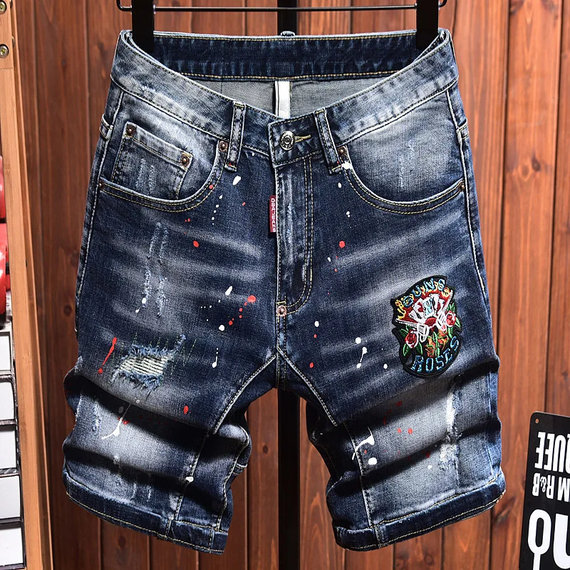 Summer Thin Blue Embroidered Denim Shorts For Men'S Fashion With Straight Cut Trendy Slim Fit Casual Trendy Brand Horse Pants