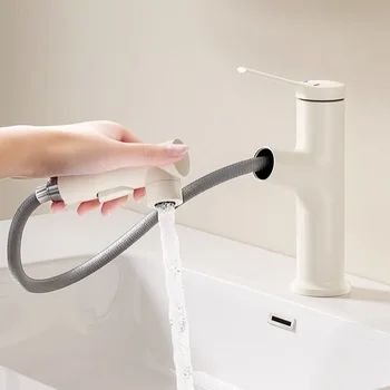 ก๊อกน้ําอ่างล้างหน้าแบบดึงออก 3 โหมดอ่างล้างหน้าคุณภาพสูงน้ําร้อนและน้ําเย็นห้องน้ําอ่างล้างหน้าก๊อกน้ําสีขาว 1