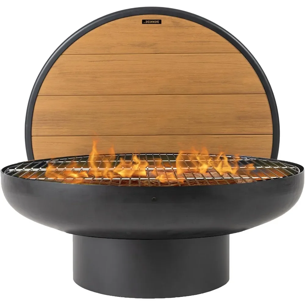 32 Inch Cast Iron Circular Fire Pit Table with Fire Pit Grill, Wood Burning on Outdoor Terrace