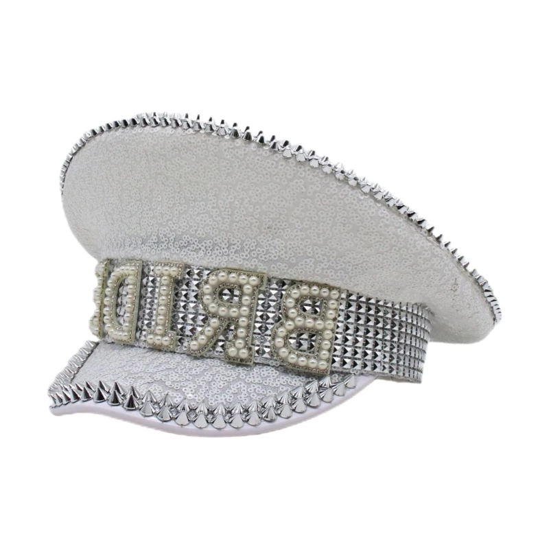

MXMB Beaded Sequins Captain Hat Shimmering Pearls Hat for Bride Wedding Props