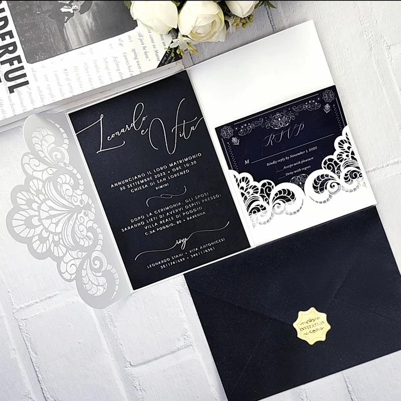 10 pieces Laser Cut Floral Tri-fold Pocket Wedding Invitations Quinceanera XV Birthday Thank You Greeting Card IC153