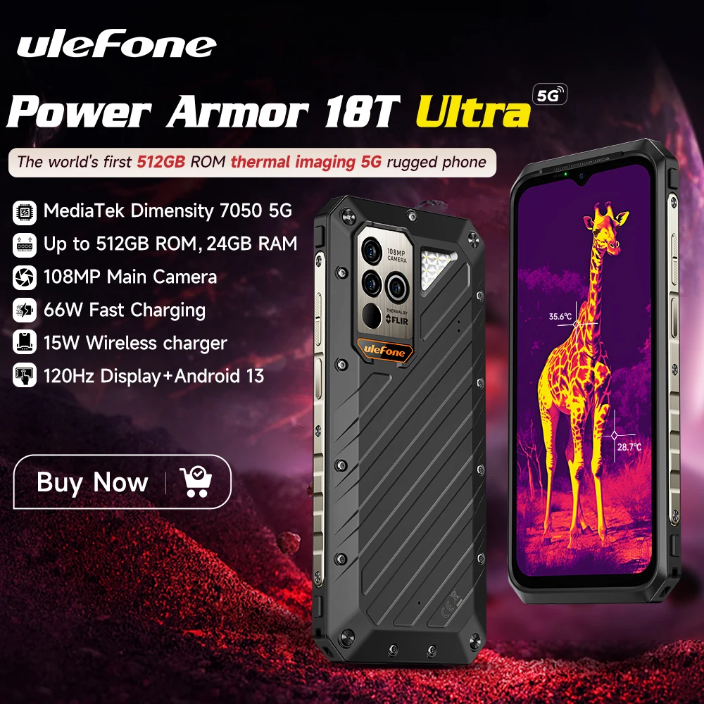 [Światowa premiera] Ulefone Power Armor 18T Ultra 5G Wytrzymały telefon 512 GB ROM + 24 GB RAM Kamera termowizyjna Smartfon FLIR® 9600 mAh 66 W, NFC, ładowanie bezprzewodowe 15 W, 108 MP, telefon komórkowy