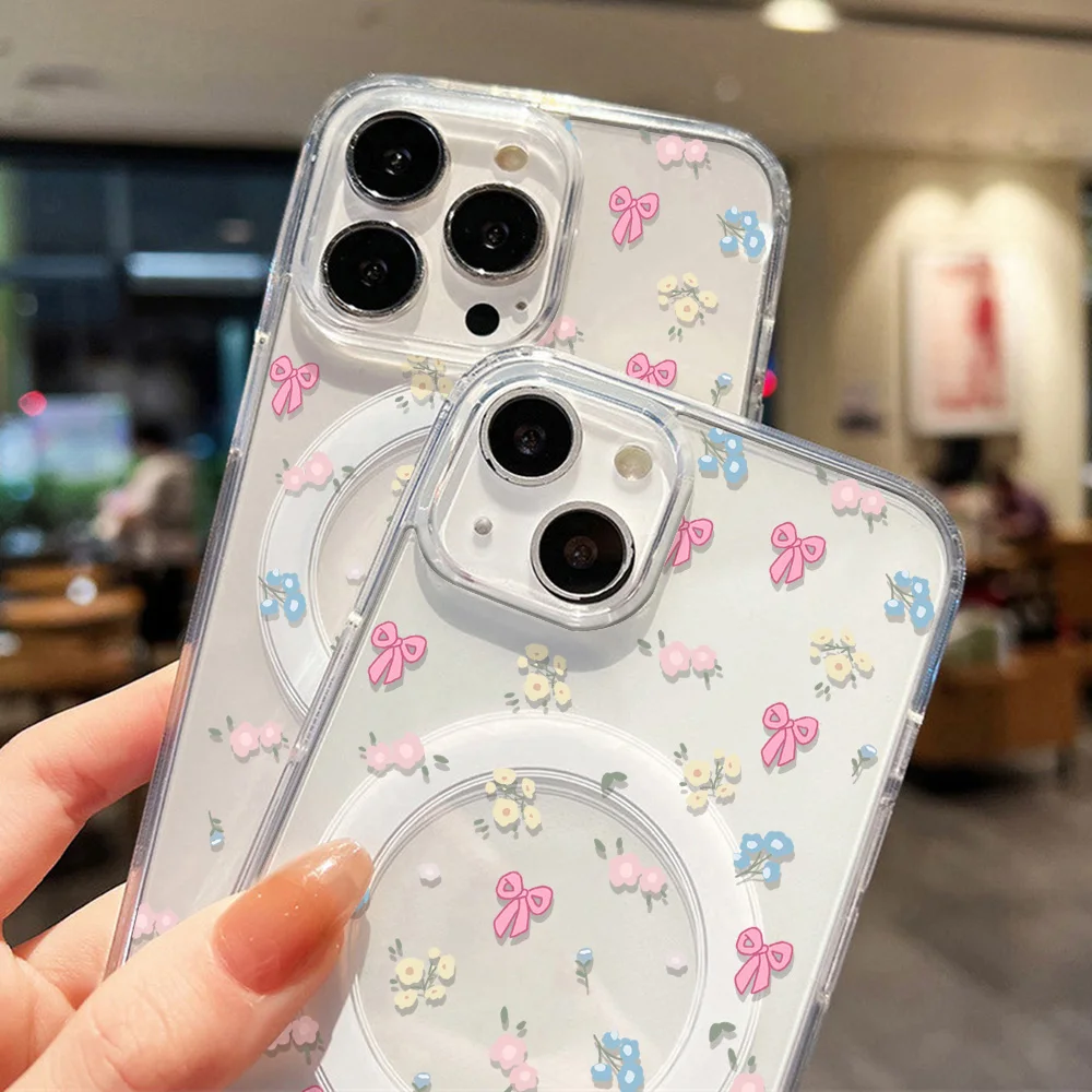 Charming Floral Bow Phone Case with MagSafe Wireless Charging Compatibility