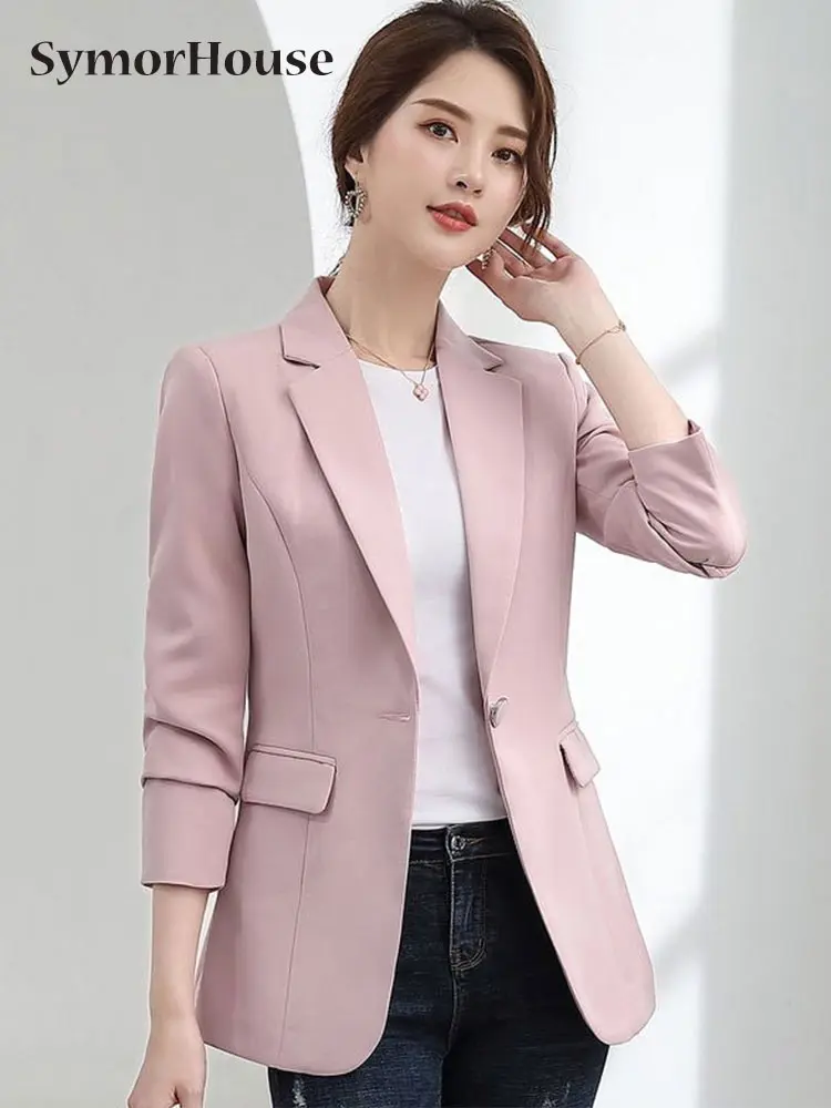 

Spring Autumn Korean Basic Blazer Woman Clothes Button Fashion Black White Slim Jacket Female New Arrival Coats Overwear Hot