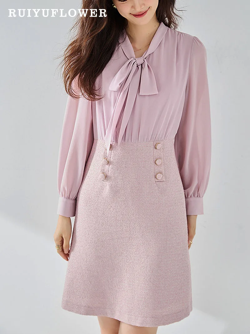 

Lady French Fake Two Piece Shirt Dresses Chiffon Tweed Spliced Puff Sleeve Scarf Collar Casual Short Skirt Office Women Clothing