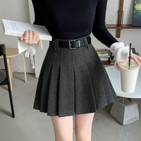 Vintage Winter Pleated Mini Skirt Women Streetwear High Waist Woolen Cute Skater Skirts With Shorts Belt Grey Black Skirt Woman - Image 5