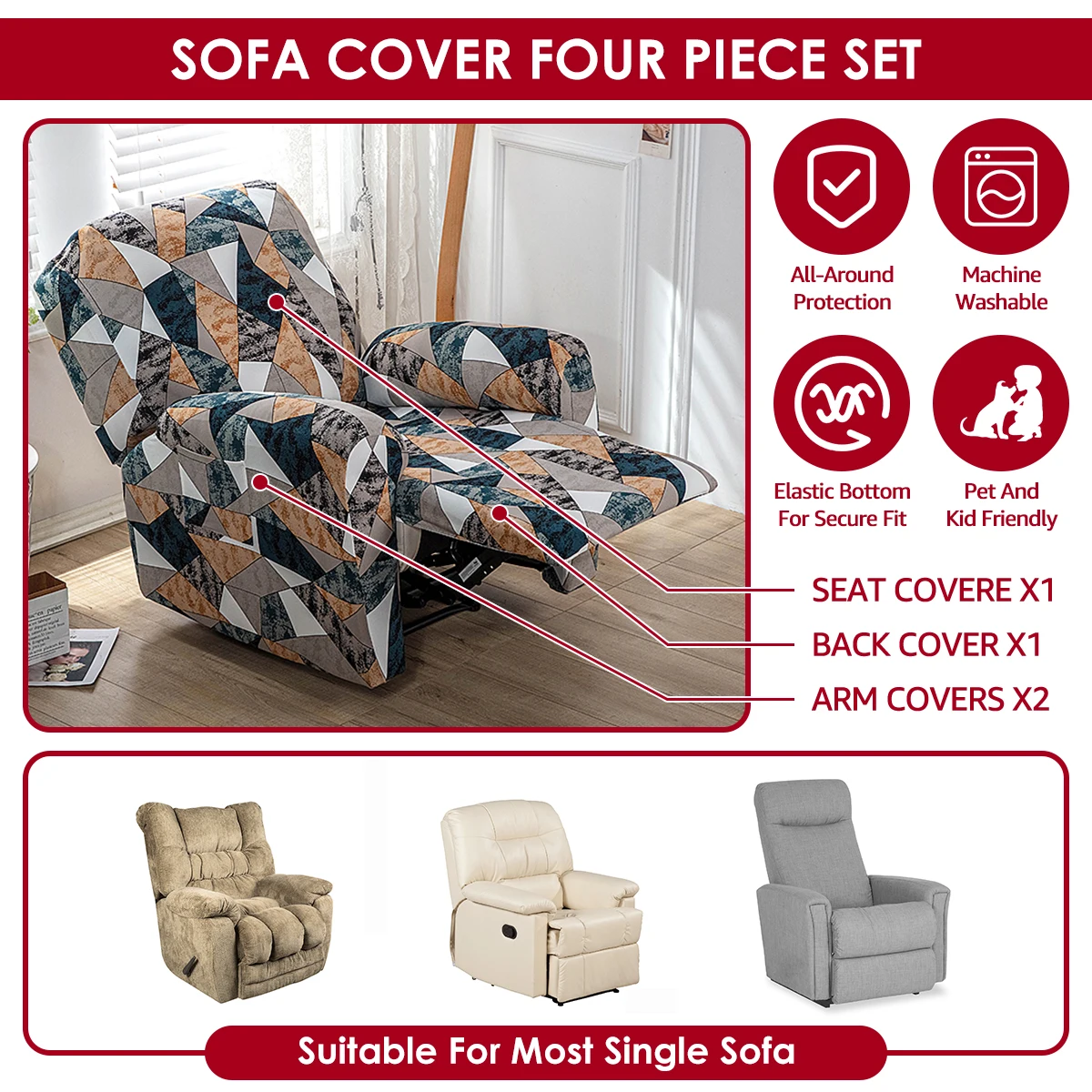 Recliner Sofa Cover Set 1-Seater Single Armchair Stretch Slipcover