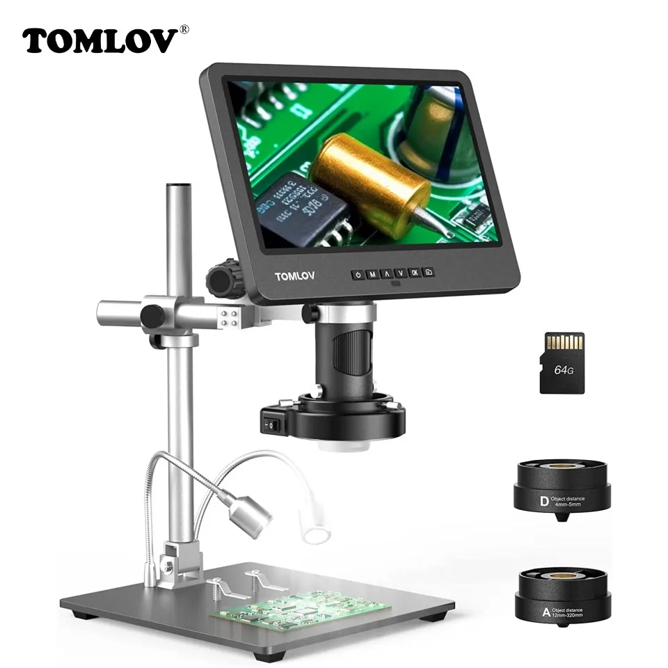 TOMLOV DM602 Pro HDMI 현미경, PCB 납땜용 IPS LCD, 휴대폰 수리 디지털 현미경, 코인 뷰, 2000X 3 렌즈, 10.1 인치