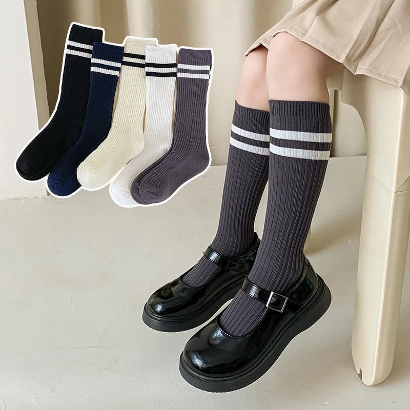 Autumn Warm Children Length Knee Socks Pure Cotton Black White Striped Boys Girls  College Style Sports Socks For 1-12 Years 1