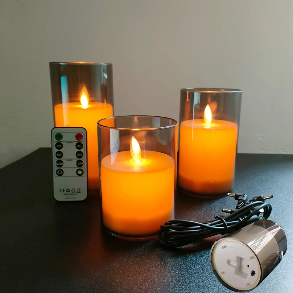 Candle Wicks USB Rechargeable LED Candle Light 3pcs/set Moving Wick Remote controlled Christmas Candles New Year Party Light Home Decor