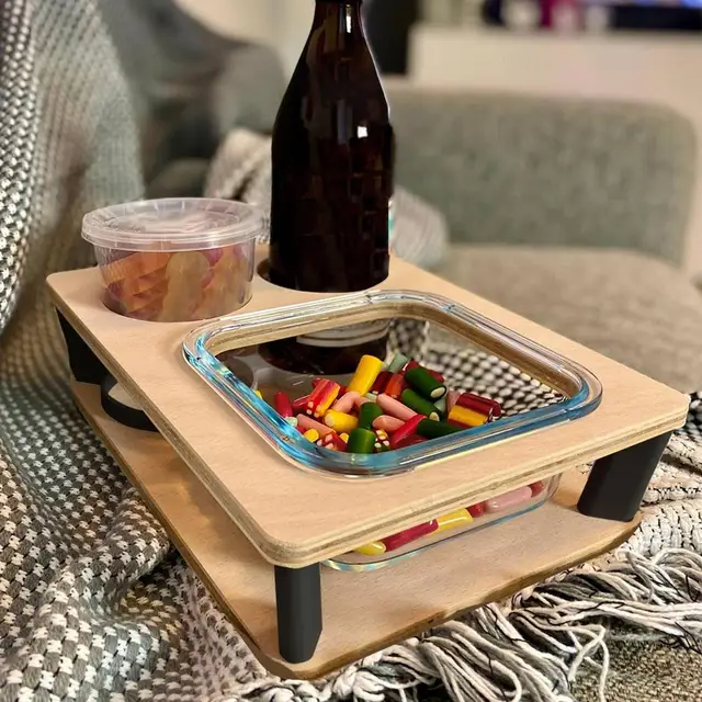 Supporto Divano Portabicchieri In Legno - Con Portatelefono Girevole, 5 Scomparti, Per Snack E Bevande, 25x25x8cm - Foto 7