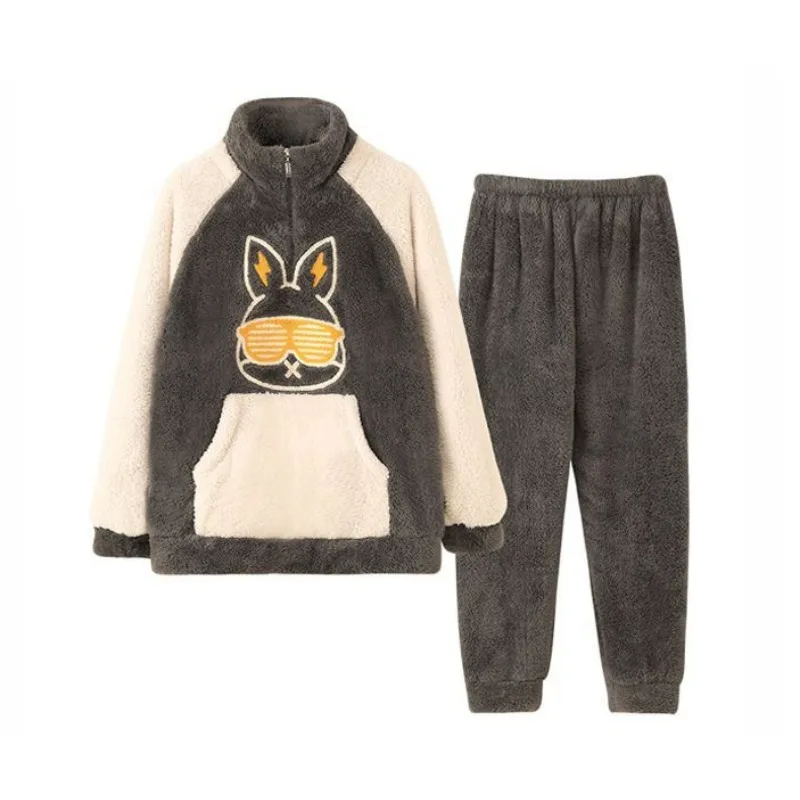 Coral Velvet Pajamas Men Winter Fleece-lined Thickened Cartoon Stand Collar Large Size Sleepwear Suit Male Flannel Warm Homewear