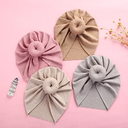 1pc Solid Baby Ribbed Turban Hat Baby Girls Boys Donuts Head Wraps Baby Kids Bonnet Beanies Newborn Round Knot Bow Turban Caps