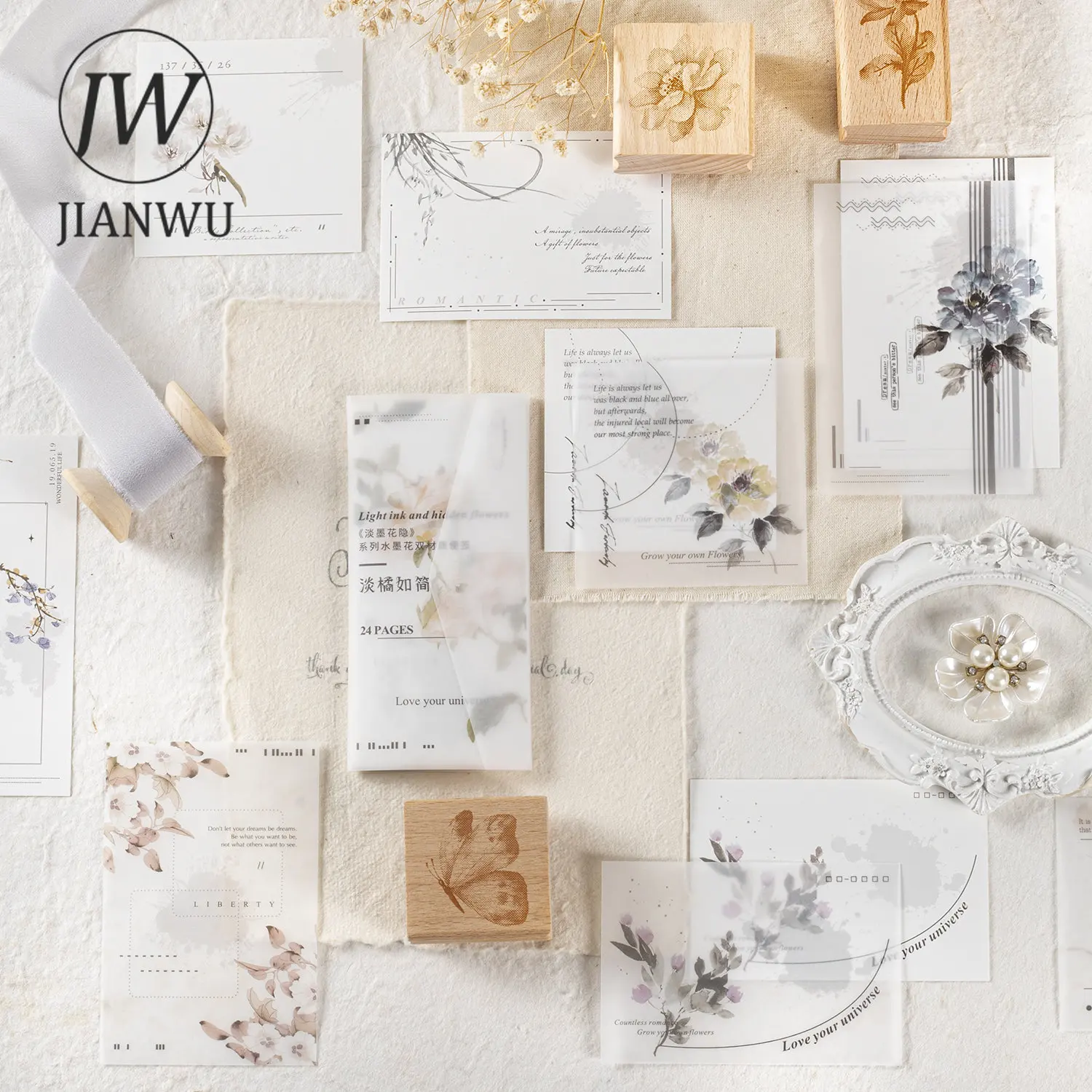 JIANWU 24Sheets Light Ink and Hidden Flowers Series Double Material Handbook Deco Material Paper Creative DIY Collage Stationery