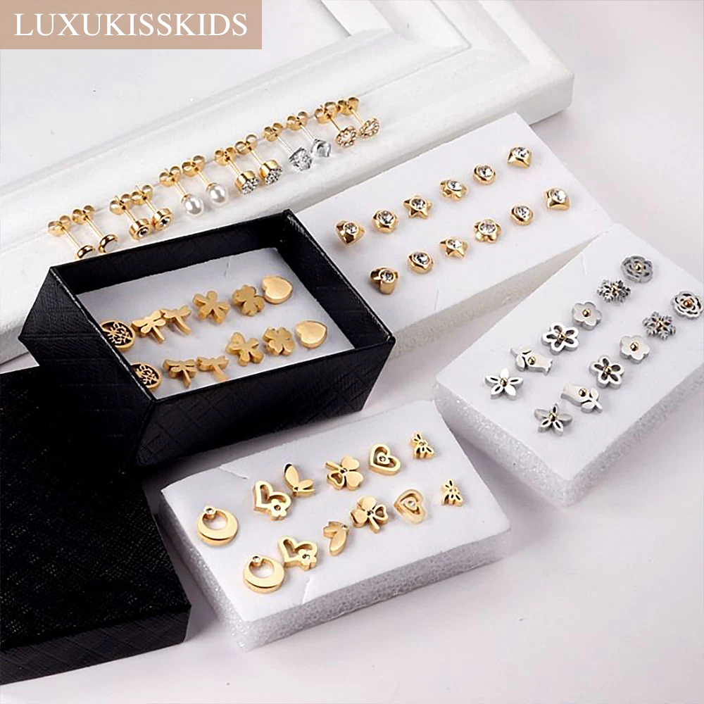 LUXU kisskids 6 Pairs 316L Sugical Stainless Steel Cubic Zircon Piercing CZ Stud Earrings for Women Girls 