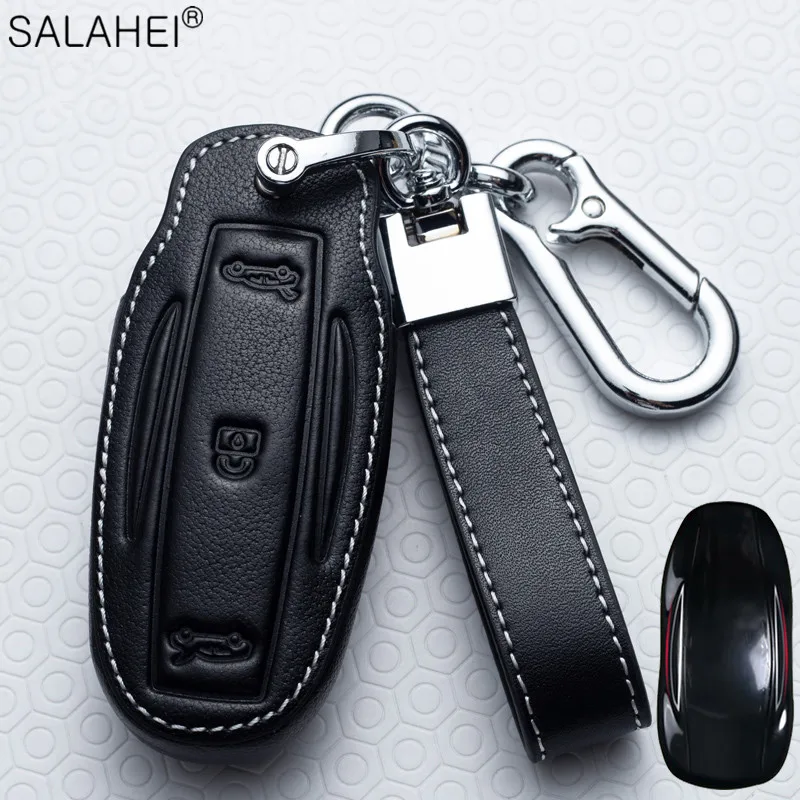 

Leather Car Remote Key Fob Case Cover For Tesla Model X Model S Model 3 Car-Styling Protection Holder Shell Keychain Accessories