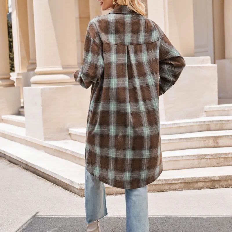 Simplicity Versatile Temperament Women's Clothing Autumn Winter New Splice Pockets Button POLO Collar Long Sleeved Plaid Shirt