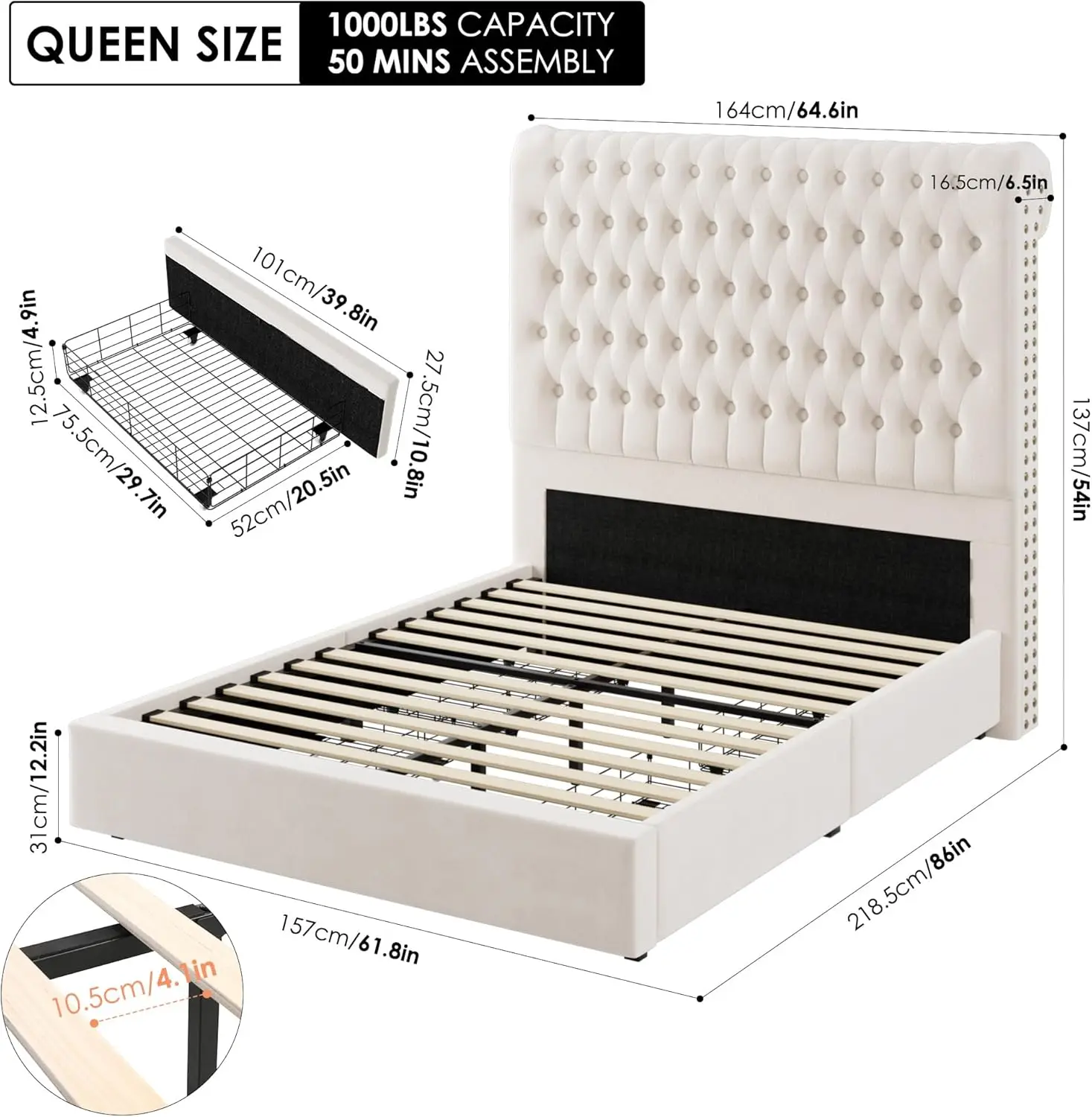 Queen Size Bed Frame 54" Tall Headboard with Gorgeous Button Tufted and Nail, Velvet Fabric Upholstered Bed Frame includes