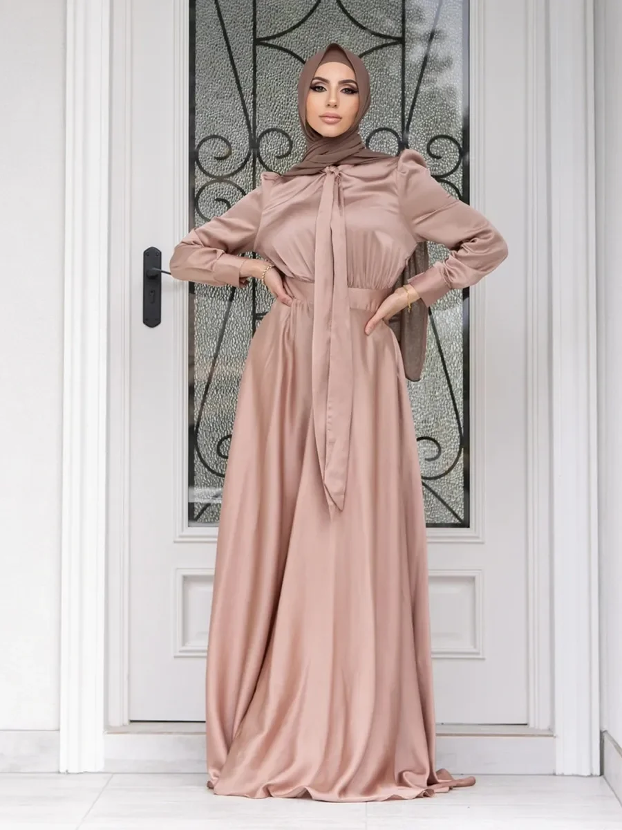 Modest Dubai Abaya Hijab Islam Ramadan Robe Femme Kaftan Formal Evening Maxi Dresses Muslim Fashion Women Satin Prom Long Dress