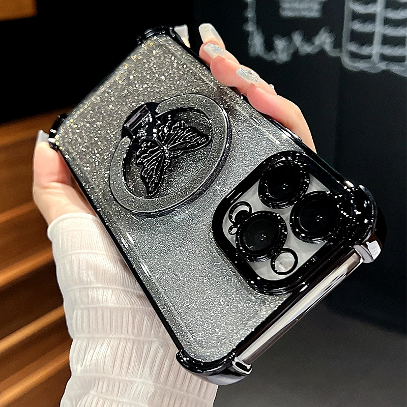Glitter Butterfly Holder Plating Silicone Shockproof Case Cover