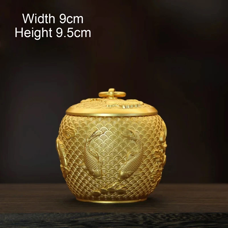 Chinese Brass Carp Pattern Sealed Tea Can Portable Travel Mini Storage Home Furnishings Office Tabletop Decor Copper Tea Box 1Pc