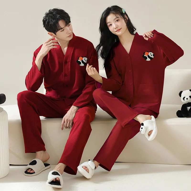 2023 Cotton Nightwear Couples Spring Men Long Pajamas Women Cardigan Fashion Print Thicken Loose Sleepwear