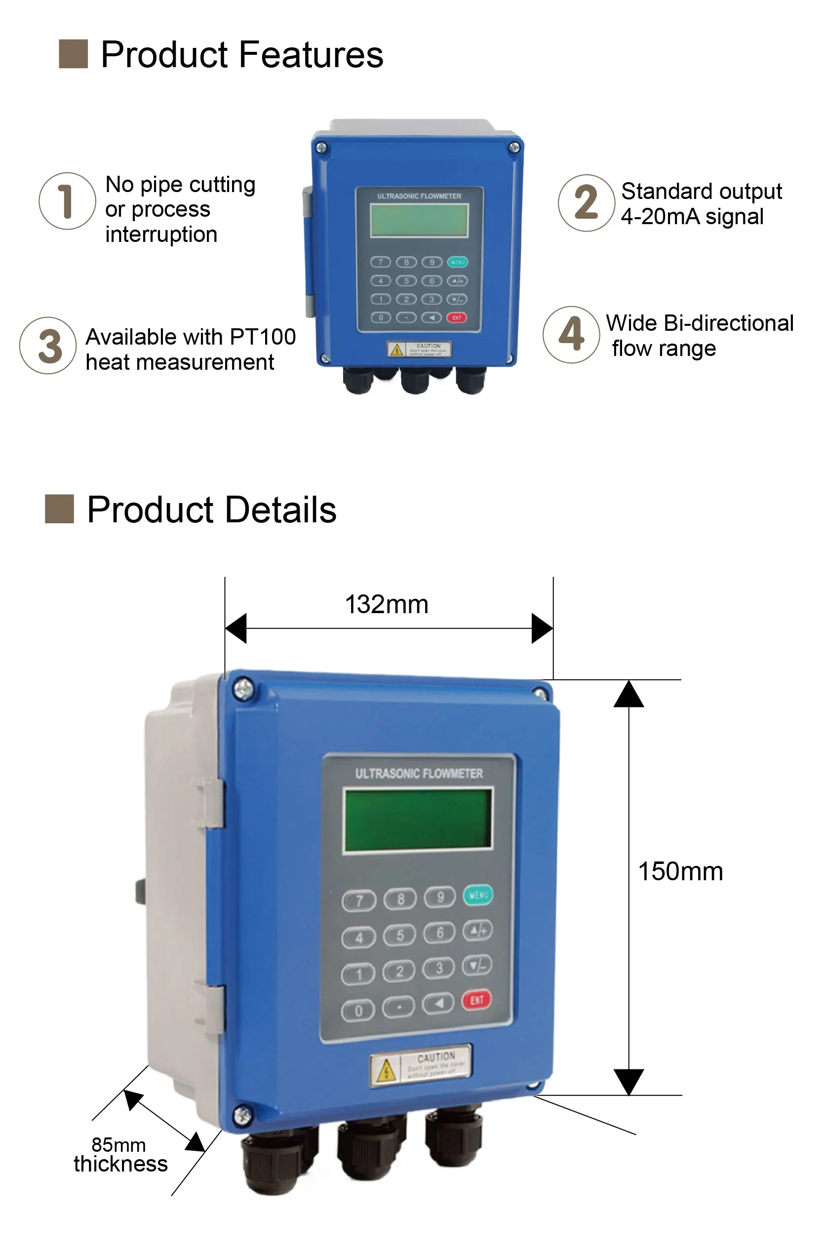 TUF Ultrasonic Flow Meter Wall Mounted Fixed Type Digital Liquid Flow Sensor Inl
