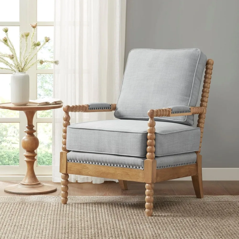 Description Picture 2 of itemModern Accent Chairs Padded Solid Wood Armrest and Frame Oakwood Finish,Upholstered Seat,Bedroom,Family  Living Room,Light Blue