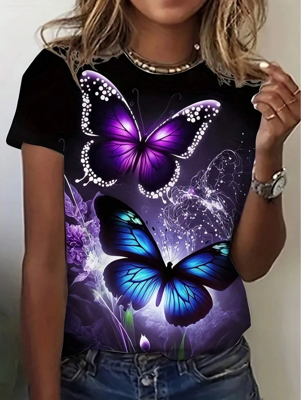 2026 New Summer Women's Round Neck 3D Printed T-Shirt Butterfly Graphics Fashion Short Sleeve Top Streetwear Tees Women Clothing