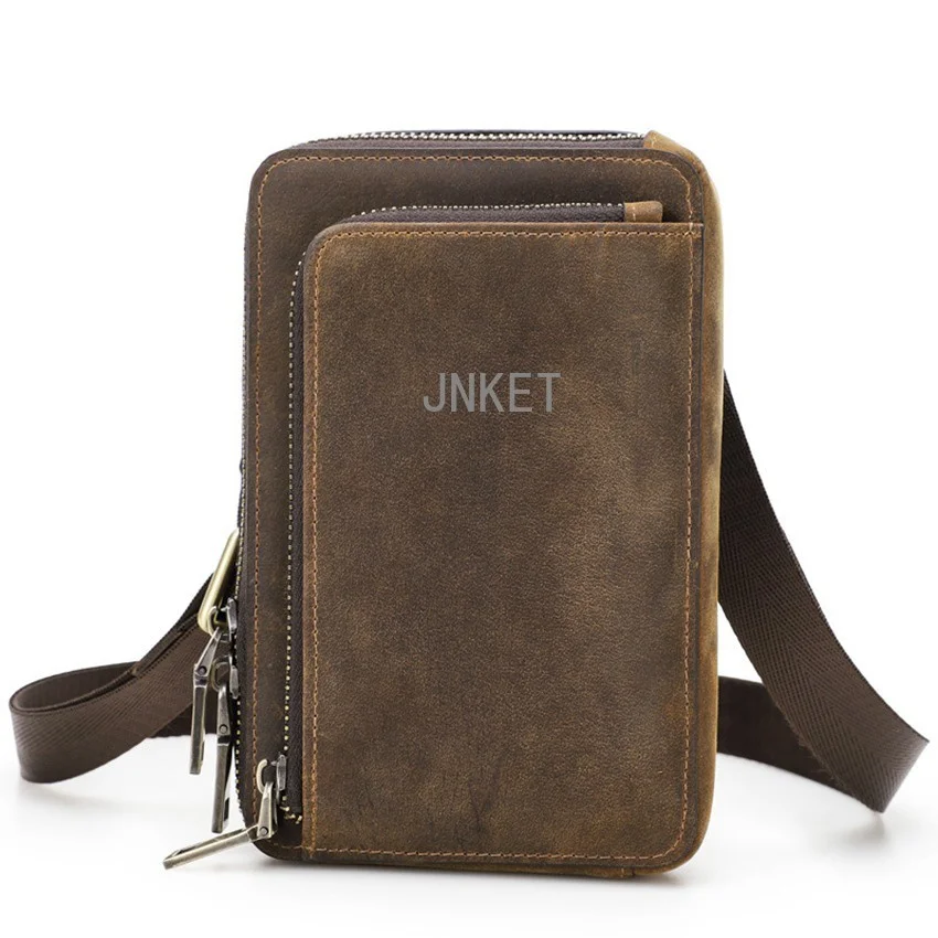 Men's Mobile Phone Bag Cow Leather Waist Bag Mini Shoulder Bag Casual Crossbody Bag Sling Ba